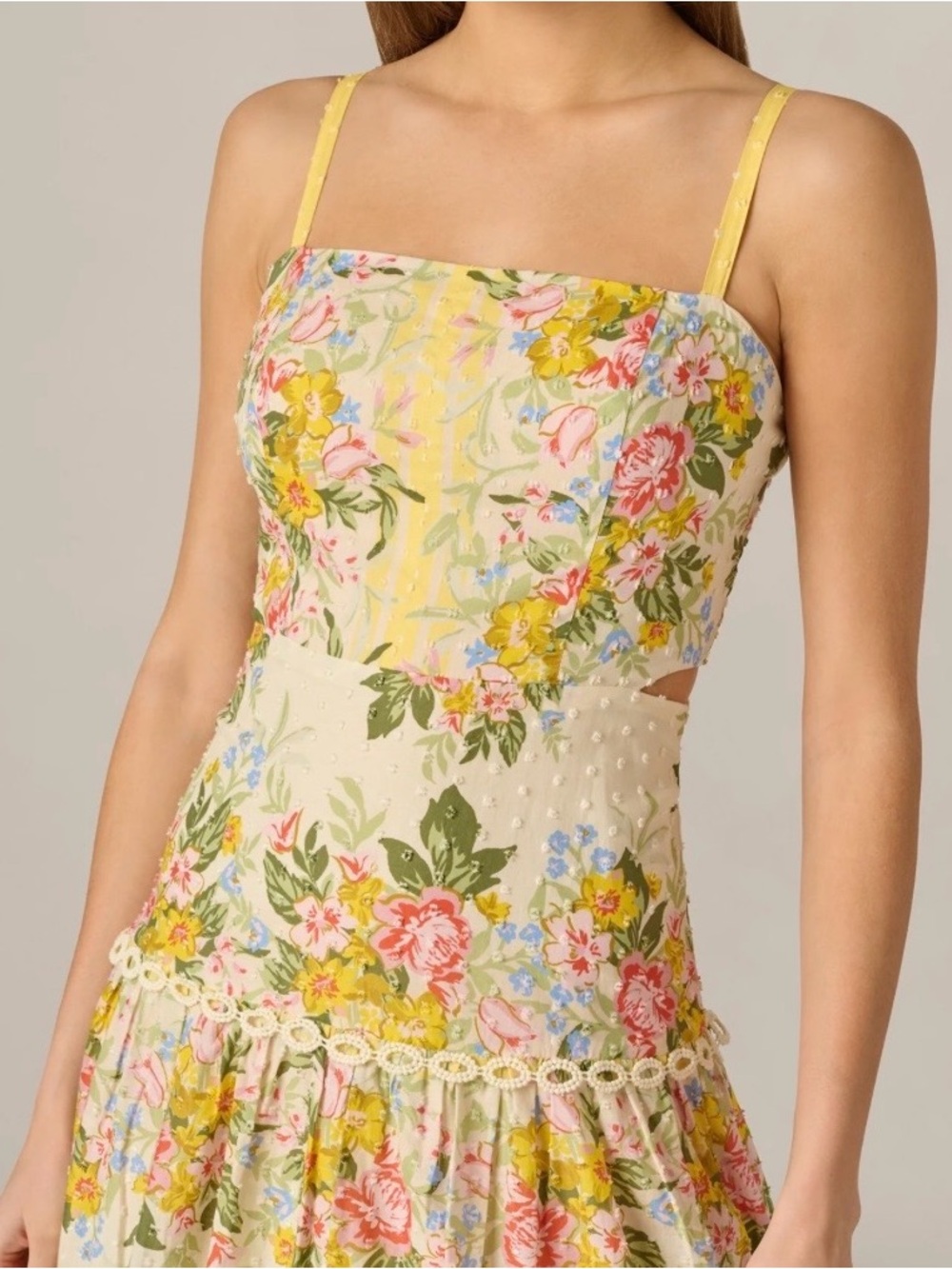 Adrianna Papell Cream Midi Dress with Pink & Yellow Floral Print - Picture 3 of 8